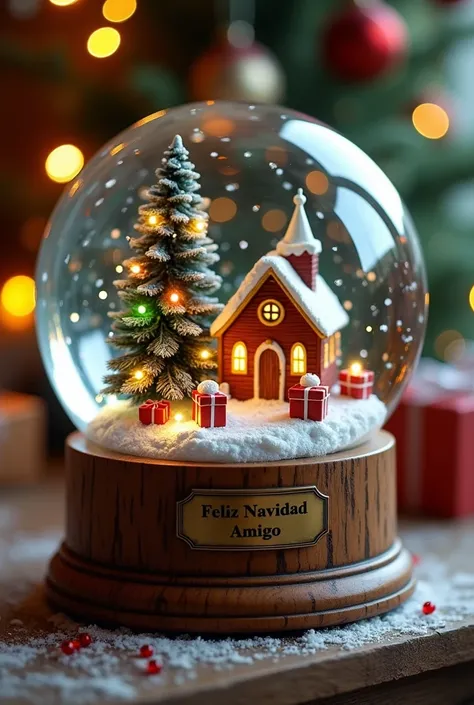 A hyper-realistic macro close-up photo of a Christmas snow globe. Inside the snow globe, there is a small town with a church, a Christmas tree decorated with colored lights that simulate fireflies, and presents wrapped in shiny paper under the tree. The ba...