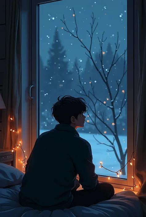 A single 18-year-old male person sleeps at night at Christmas looking out the window and melancholic