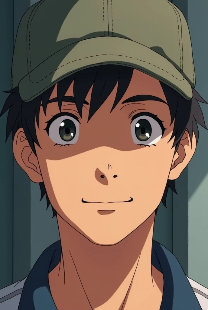 
anime guy, in his early 30s, has a small moustache, wearing a cap, small smile