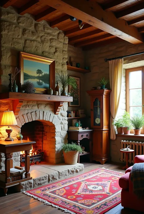 .The cozy cottage interior is a vibrant yet rustic haven,filled with warmth and charm,set against walls of rugged,sunlit stone that glow softly in the light.At the heart of the room,a grand stone fireplace crackles cheerfully,its mantel adorned with a bras...