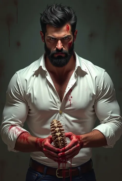  Realistic picture-like illustration of a large and muscular man with handsome European features of 38 years , messy black jet hair ,  strong jaw, PIEL BLANCA,  dark brown eyes , beginner beard,  wearing a long-sleeved white shirt stained with red . He has...