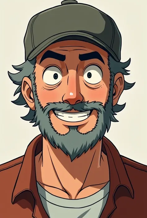 anime guy with a moustache and scuffy beard, in his early 30s, wearing a cap, small smile