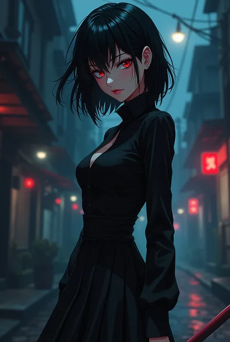 anime girl . she work  in a sercet job .she was a asassination . with black hair and red eye. black dress. she killed many people in the dark night.