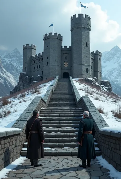 Beautiful new steps to Winterfell Castle next to two male employees 