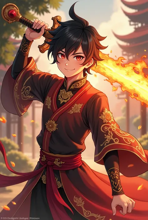 Genshin, elder boy, black hair, red eyes, standing, chinese clothes, smile, genshin, flame sword, genshin impact 