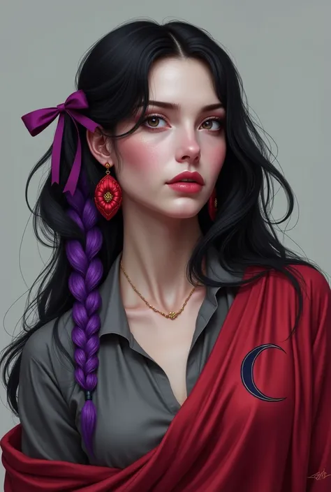 A woman with long hair has black hair with a purple braid and a purple ribbon and red earrings, a gray blouse on her shirt, has a red crescent in a red dress. 