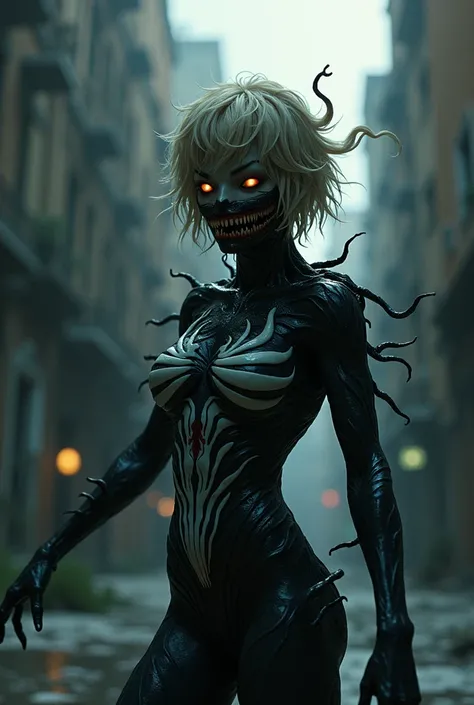 A girl with short blond hair turns into a venom monster