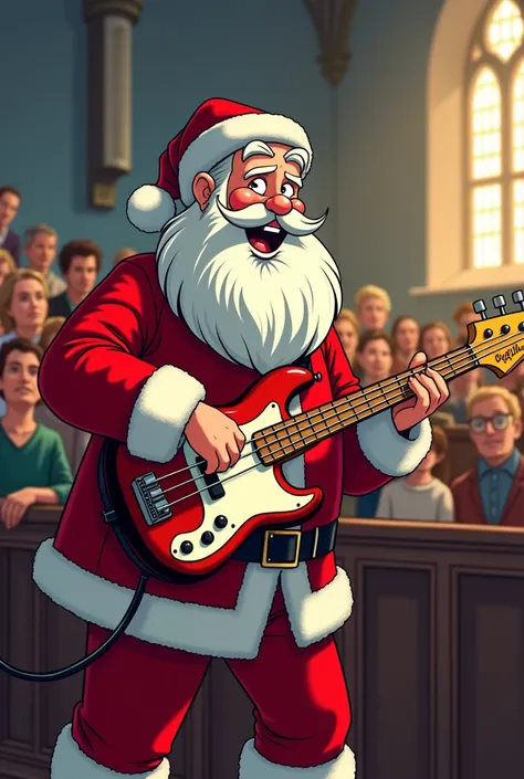 Create a cartoon image with Santa Claus playing worship on a Fender Precision 4-string electric bass, with great joy and sympathy  !!! Santa Claus is at church playing worship  !!!