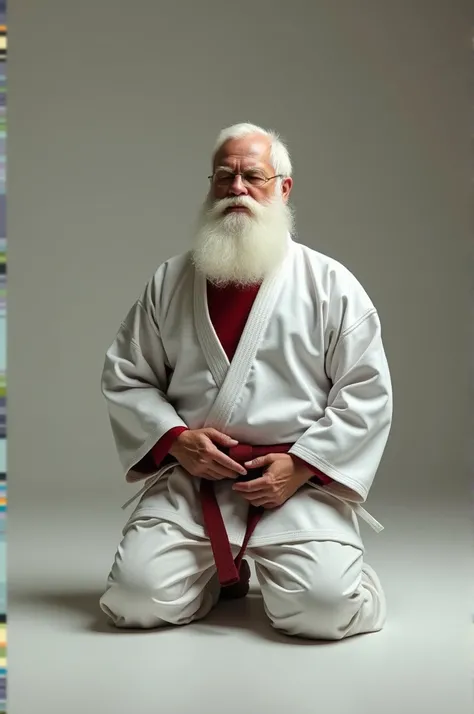 Short video of a kneeling Santa wearing a jiu jitsu kimono 