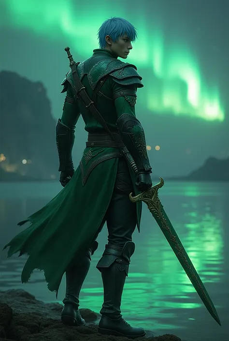 Create Devil May Cry style a handsome half-lizardfolk man with strong legs with short blue hair with green eyes wearing a jade green hauberk with details holding a jade green sword with details on a beautiful lake at night