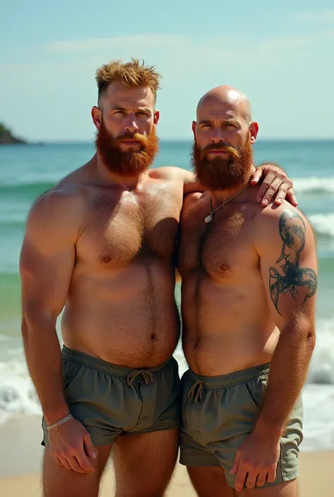 A photo of 2 fifties hairy brothers with a bald head and a ginger beard looking forward. they have muscular body. The men are standing on a beach, hugs,Full view of body.