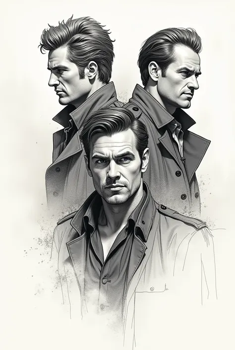 Generate a sketch of 3 male people .  The idea is to make a book cover 