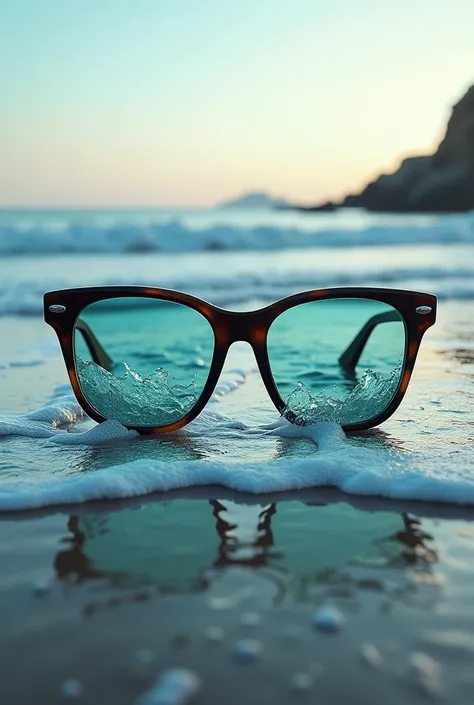 Lunettes oversize rétro avec le reflet des vagues qui sortent des verres sans la femme