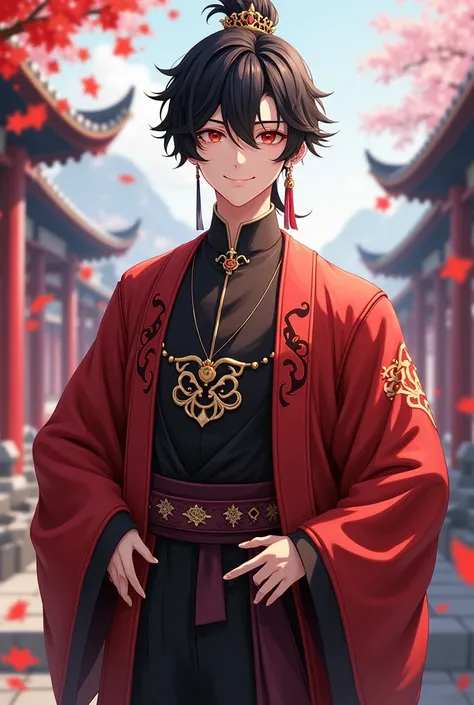 Genshin, elder boy, black hair, red eyes, standing, chinese clothes, smile, genshin, in love, genshin impact 