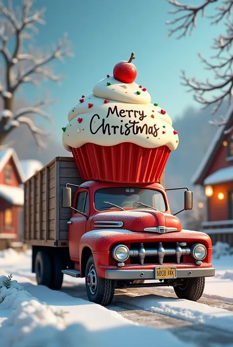 A truck with a cupcake that says Merry Christmas 