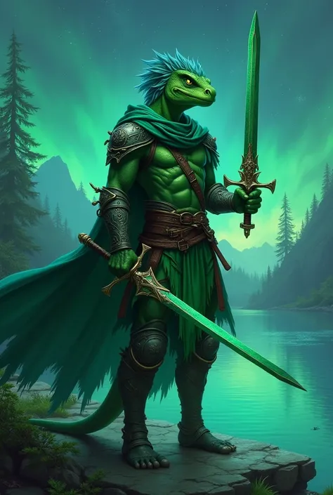 Create Magic the Gathering style a handsome half-lizardfolk man with strong legs with short blue hair with green eyes wearing a jade green hauberk with details holding a jade green sword with details on a beautiful lake at night