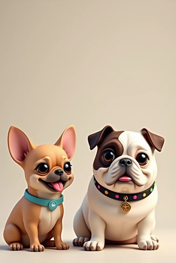   An image with 3 small dogs
A medium-sized cream-colored chihuahua with standing ears  ,   brown eyes ,  Light blue necklace that says Fuchilla

A small crimson pug  ,   with the tongue out and the ears facing forward pink necklace that says Ursula 

A fa...