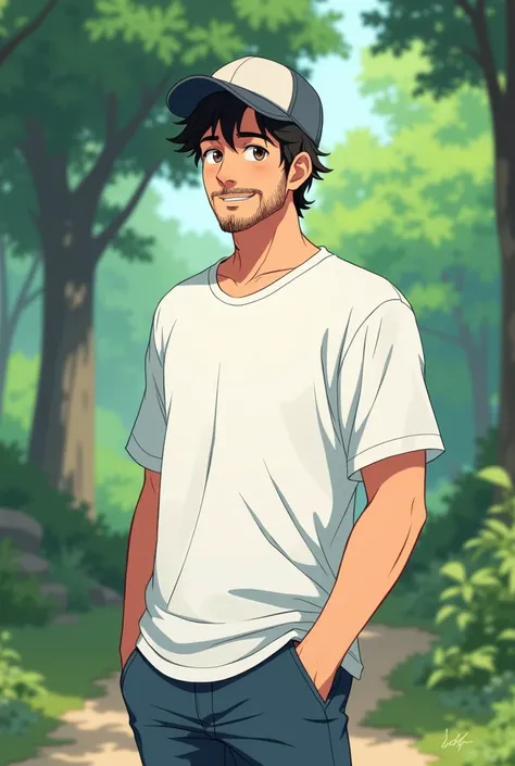 anime guy with a small beard and moustache, in his late 20s, wearing a cap, wearing a white t-shirt, no backpack, small smile, full body picture, is standing casually in a park, anime style