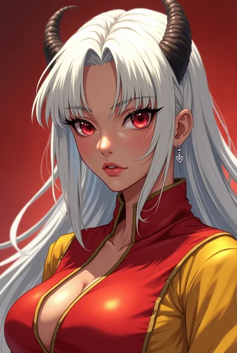 A woman in a red and yellow tunic with white hair just over shoulder length expression would be two very small horns on her forehead beautiful body perfect anime style with dark skin and serious expression or large waist showing her ass eyes not so big and...