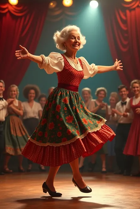 Brunette granny dances beautiful polka on stage