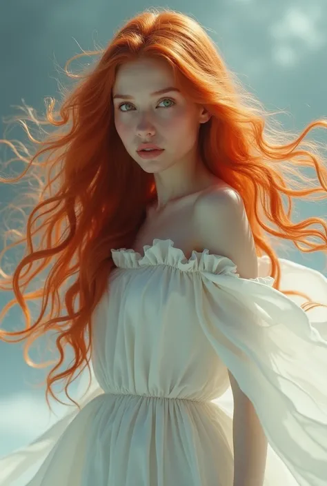  18-year-old redhead with long hair falling ,  in a vertical position  ,  she is wearing a white dress , ultra HD image , ultra , ultra surreal, Ultra Realistic 