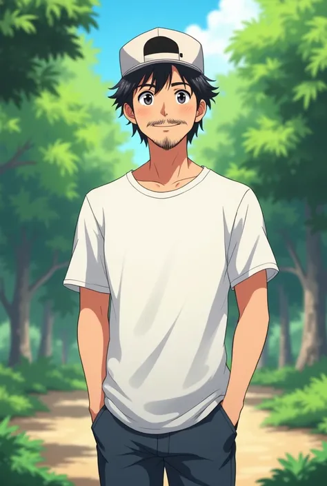 anime guy with a small beard and moustache, in his late 20s, wearing a cap, wearing a white t-shirt, no backpack, small smile, full body picture, is standing casually in a park, anime style