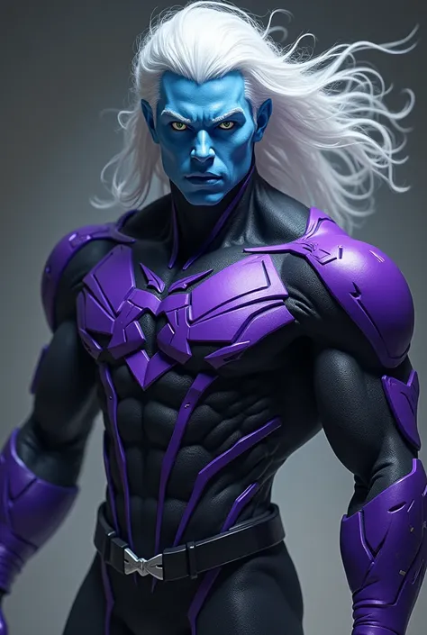 A light blue humanoid alien with light blue skin white hair green eyes strong in a purple black Superman suit