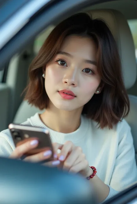 there is a woman sitting in a car with a cell phone, tzuyu from twice, lee ji - eun, lee ji-eun, heonhwa choe, blackpink jennie, gorgeous young korean woman, park ji-min, cute korean actress, beautiful young korean woman, beautiful south korean woman, popu...