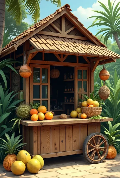  create a design of a young coconut shop called kemud basa with a cart in front of its hall on top of a cart table filled with containers for toping,  fencing box , fruits  (manggak ,  dragon fruit ,  and others ) with young coconuts next to the cart  