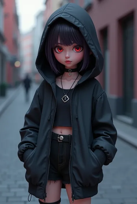 there is a cartoon figure of a girl with a hood on, imvu, 1 7 - year - old anime goth girl, anime styled 3d, epic 3 d abstract emo girl, emo anime girl, goth girl, goth girl aesthetic, vrchat, gothic outfit, e-girl, stylized anime, e - girl, anime style. 8...