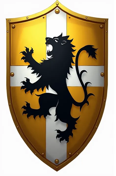 Simply draw , A golden shield,  in the middle a large white cross and in the center of the medium-sized shield the black silhouette of a roaring lion.