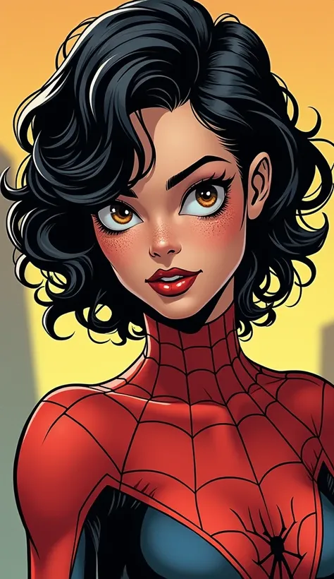  Make me a comic book girl dressed as a spider-woman , sexy , attractive, Seutora ,  Big breasts . Short curly black hair with a yellowish part below,  semi-slanted eyes ,  semi-wide nose with freckles on some parts of the face ,  face outlined with someth...