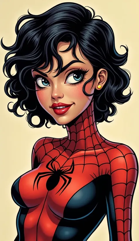  Make me a comic book girl dressed as a spider-woman , sexy , attractive, Seutora ,  Big breasts . Short curly black hair with a yellowish part below,  semi-slanted eyes ,  semi-wide nose with freckles on some parts of the face ,  face outlined with someth...