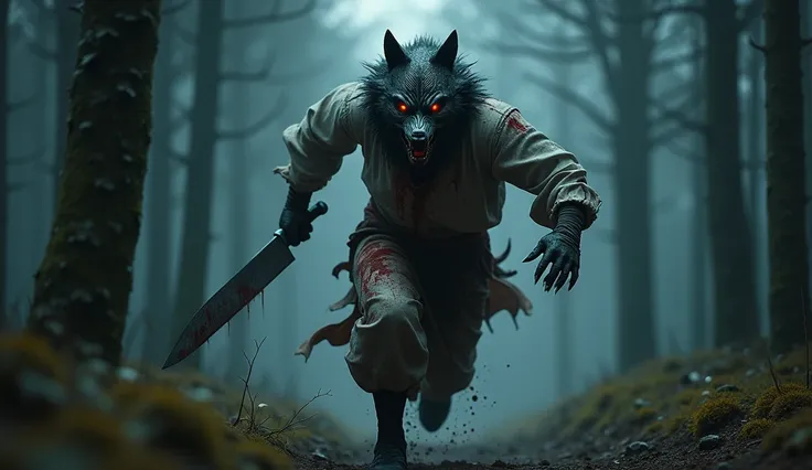  Create the image of a butcher wearing a butchers clothing and a metal wolf mask, bloody clothes, with a big knife in hand in a forest the night , . It has a fierce expression , running in the forest