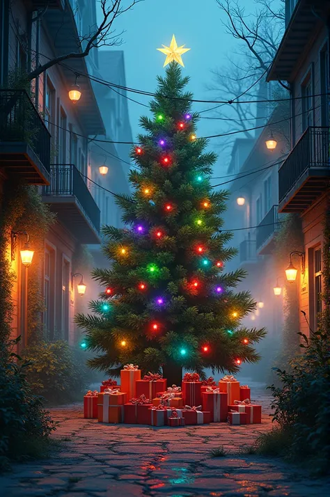 infected street for Christmas with many colorful Christmas lights, with a beautiful infected pine tree to celebrate Christmas with many gifts under the pine tree