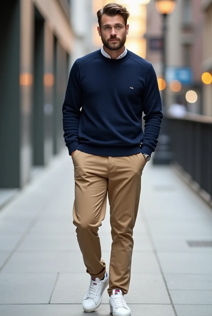 make a man wearing navy blue sweater, khaki trouser paired with white fila shoes