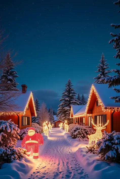 A serene Christmas nightscape, captured in double exposure. The sky above is a canvas of twinkling stars, blending seamlessly into a vibrant winter wonderland below. Fairy lights dance across rooftops, outlining houses that shimmer like diamonds. Santa Cla...