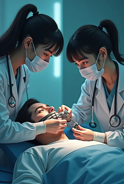 Two young female doctors wearing surgical masks put a mechanical device over a male patients mouth, covering his mouth entirely so he cannot talk.