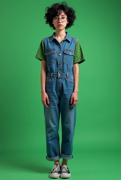  create a realistic picture of a 20-year-old girl.  Create a realistic photo instead of CGI. She has very short curly black hair . She wears denim jumpsuit over a green button-down shirt with white polka dots and short sleeves and black sneakers.  She wear...