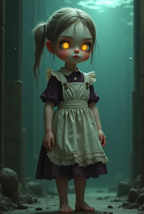 A full-body depiction of Little Sister from Bioshock: a young girl with pale skin, glowing yellow eyes, and a vintage-style dark purple dress with a white apron, slightly tattered at the edges. Her hair is tied back in a messy ponytail, and her expression ...