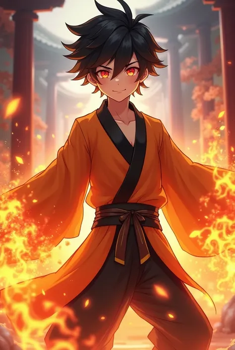 Genshin, elder boy, black hair, red eyes, standing, chinese orange black clothes, flame magic, genshin, grin, genshin impact 