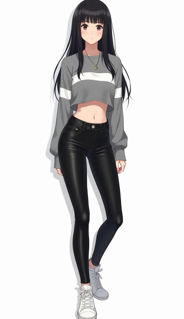 A female anime character with long dark hair ,  wears a tight gray and white striped crop top sweater,  combined with black leather pants that enhance her figure .  wears white sneakers with a white background and full body  