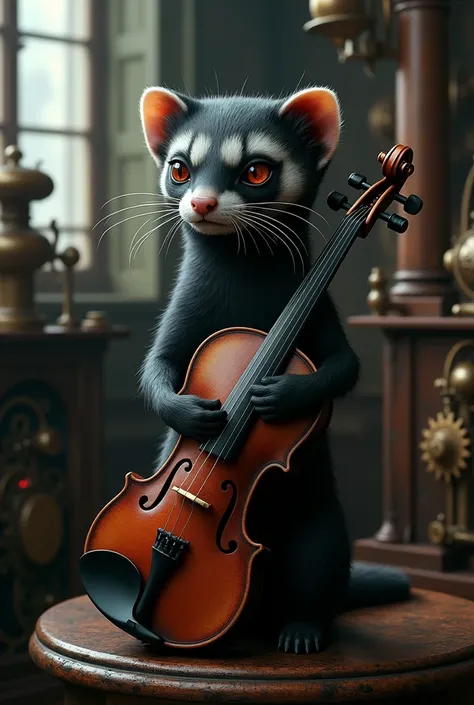 Gothic ferret , Dark,  dark fantasy, Hyperrealista, 8K, full hd,  NSFW, steampunk, 19th century, Victorian,  better quality,  masterpiece,  realistic style violin 