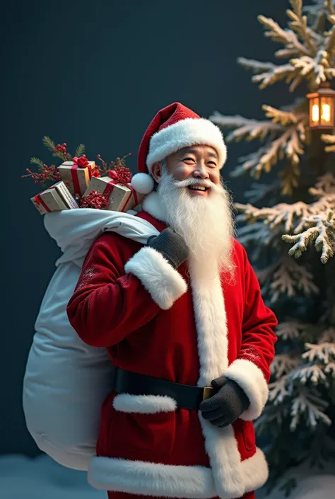  a 30-year-old Korean man wearing a Santa Claus uniform wearing a red beanie, a standing pose carrying a gift in a white sack ,  dark background of a spruce tree decorated with a small lamp , color tones 