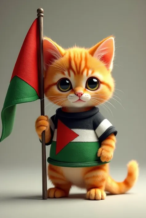 A very small orange cat wearing a Palestine shirt carrying the flag of Palestine 