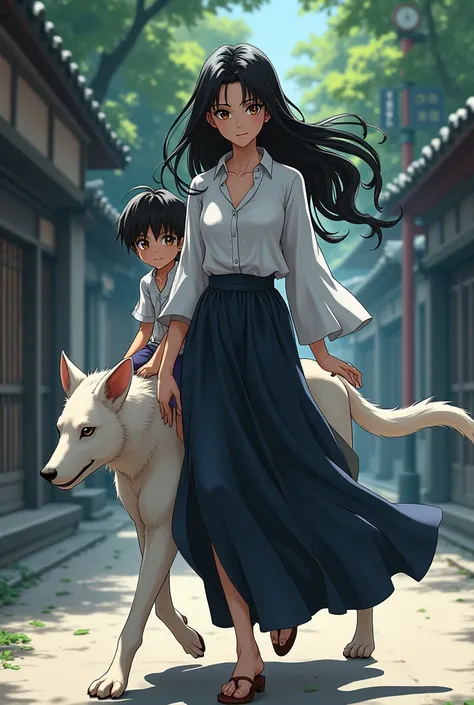 Draw a very beautiful white woman with black hair wearing a long tight skirt and a shirt walking on all fours, with a boy riding on the womans back. In Japanese anime style.