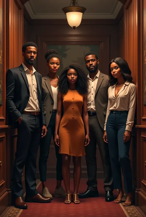 Six black men and women standing at the hotel corridor 