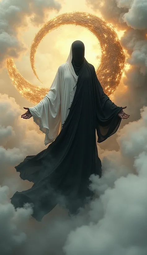 A mysterious, faceless humanoid figure dressed in flowing, tattered black and white robes, floating gracefully among soft, ethereal clouds. The figure exudes a sense of balance and mysticism, with swirling mist and glowing golden energy forming an abstract...