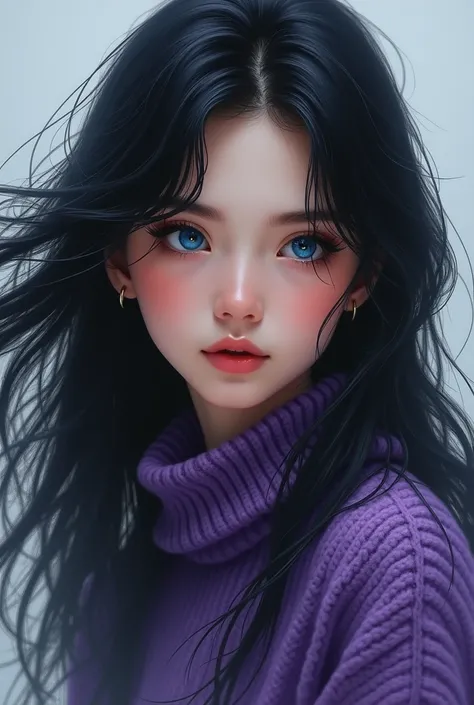  Beautiful girl with black hair , blue eyes and purple sweater