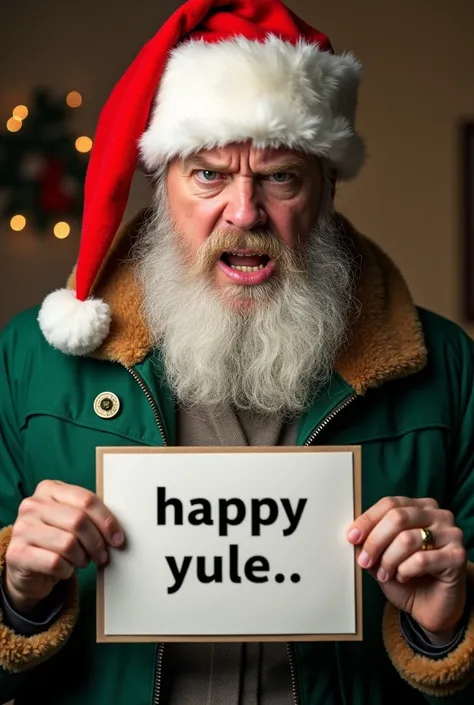  A man with Nordic features and white beard ,  deep look and angry facial gesture ,  wears a red Christmas hat and green jacket and holds a sign that reads: "happy yule ".  The image has a Christmas background  